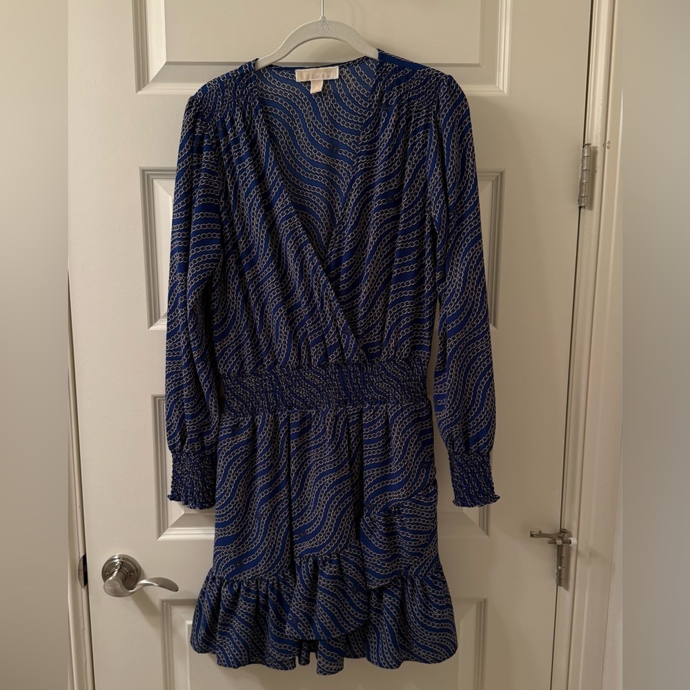Michael Kors Blue Wavy Chain Wrap Ruffle Dress - Women’s M